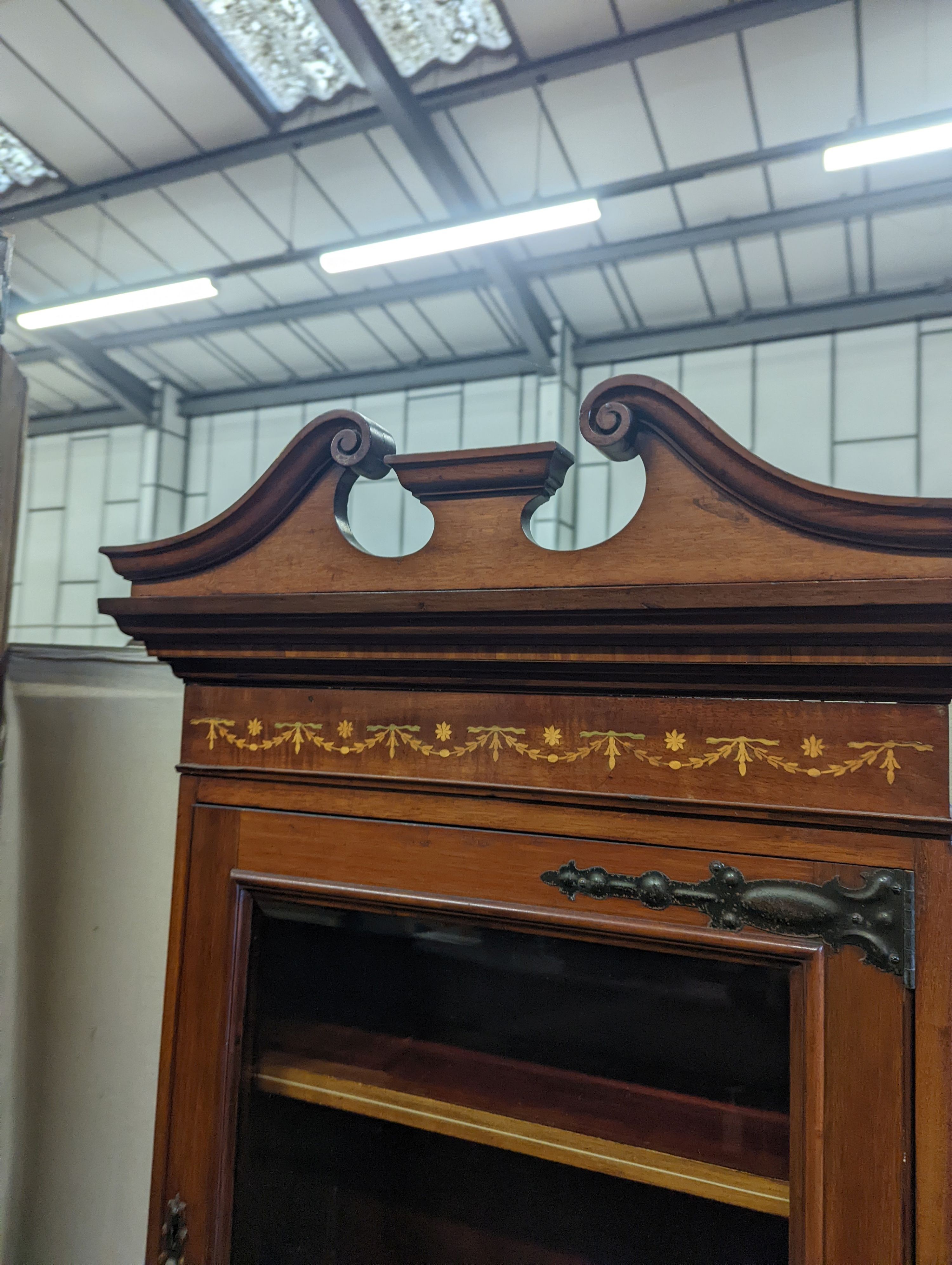 An Edwardian marquetry inlaid satinwood banded mahogany bureau bookcase of narrow proportions, width 58cm, depth 46cm, height 194cm